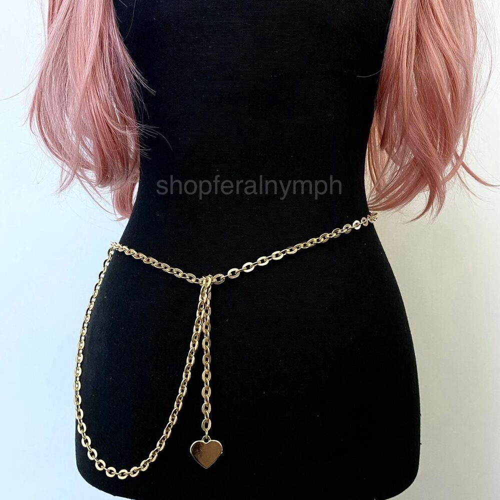 Gold Y2K Heart Charm Flat Link Draped Chain Belt, Fits Up to 48 Inches, X7GA1369